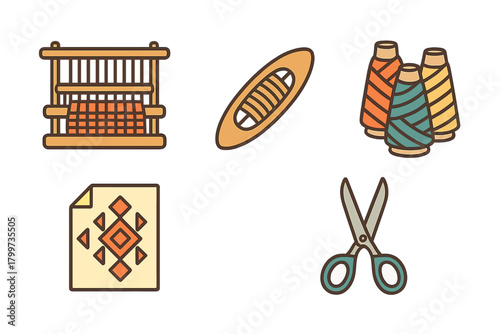 Collection of traditional textile weaving and crafting tools and equipment icons