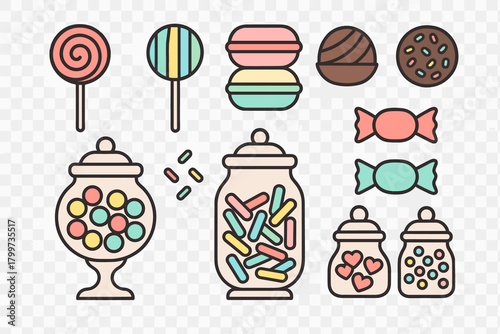 Assortment of colorful sweet treats including lollipops macarons chocolates and various candy jars