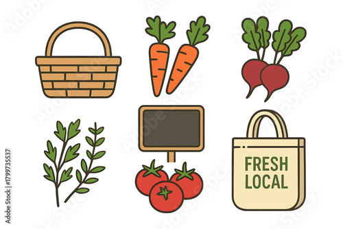 Fresh produce and farmers market shopping elements including carrots, tomatoes, basket, and tote bag