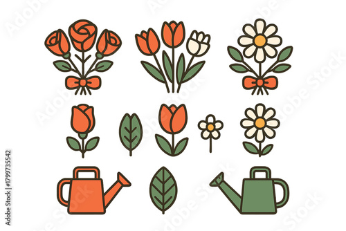 Retro style gardening elements featuring roses tulips daisies leaves and watering cans