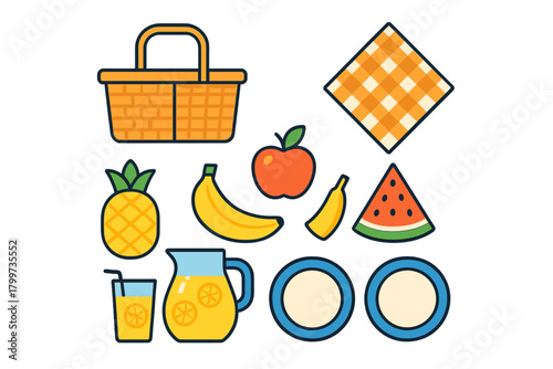 Colorful collection of picnic essentials including woven basket, fresh fruits, lemonade, and plates