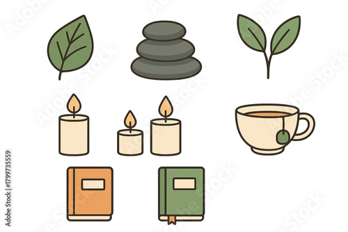 Cozy wellness and relaxation elements including candles, tea, spa stones, leaves, and books