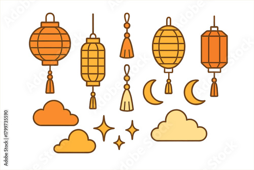 Traditional Asian lanterns, tassels, clouds, and crescent moons set for celebration design