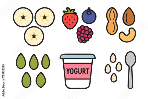 Healthy breakfast ingredients: yogurt, banana slices, mixed berries, nuts, and seeds