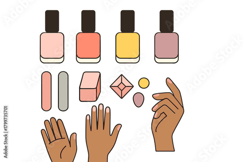 Colorful nail polish bottles, manicure tools, and diverse hands for beauty treatment