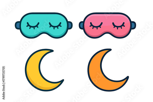 Colorful sleep masks and crescent moons symbolizing night time rest and relaxation