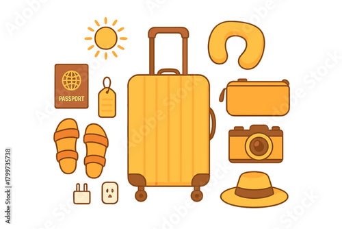 Yellow suitcase, passport, camera, sandals, and sun hat collection for summer vacation and tourism
