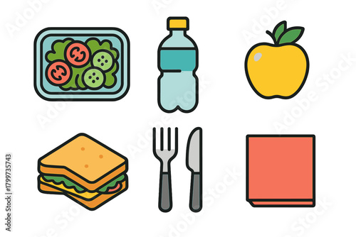 Healthy packed lunch meal set with salad, sandwich, water bottle, and apple