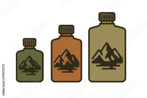 Set of three rectangular canteen bottles with mountain symbols in earthy colors