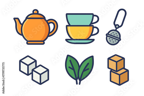 Colorful icons of tea preparation elements: teapot, cups, infuser, leaves, and sugar cubes