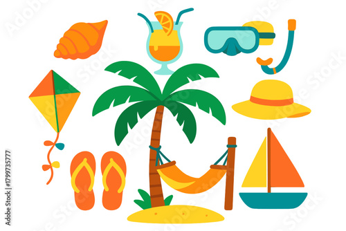 Colorful summer vacation and beach holiday elements including palm tree, hammock, cocktail, and snorkeling gear