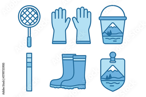Rubber boots, protective gloves, fishing net, and bucket set for outdoor activities and gardening