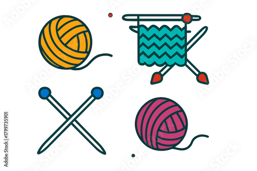 Collection of colorful knitting supplies including yarn balls and crossed needles