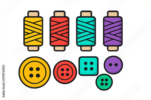 Colorful sewing supplies assortment featuring thread spools and various shaped buttons
