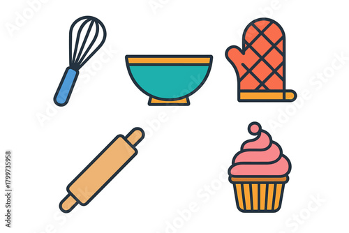 Colorful set of kitchen tools for baking including whisk bowl and cupcake