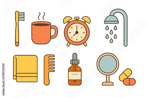 Daily morning routine and hygiene objects including toothbrush coffee alarm clock and shower