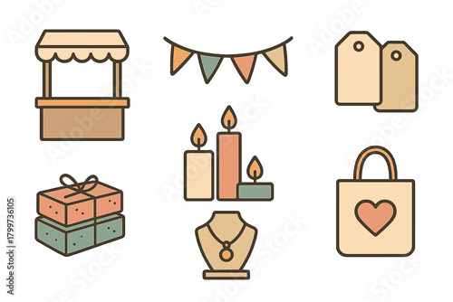 Market fair elements including vendor stall, wrapped gifts, burning candles, bunting, and shopping bag
