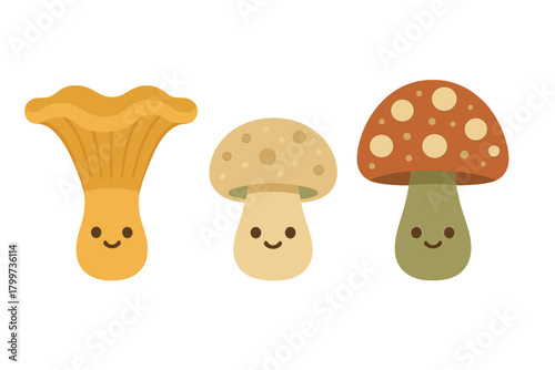 Three different adorable cartoon fungi characters with happy smiling faces