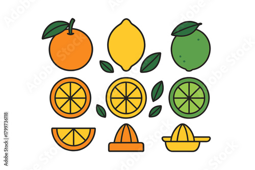 Whole and sliced citrus fruits: orange, lemon, and lime with green leaves and juicer tools