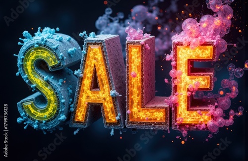 Bright illuminated letters spelling SALE with colorful smoke micro world effects on dark background