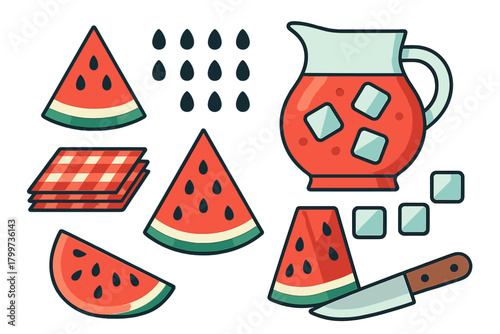 Watermelon slices, juice pitcher, ice, knife, and picnic blanket for summer design