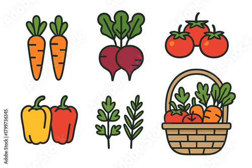 Assortment of fresh farm vegetables and herbs including carrots, tomatoes, and bell peppers