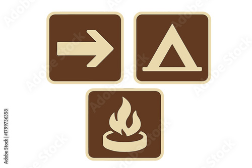 Standard recreational area signs showing direction, campsite location, and campfire availability