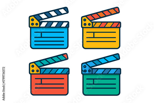 Four brightly colored film slates used for movie making and video production equipment