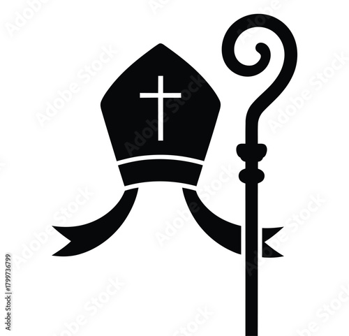 bishop mitre and crosier silhouette icon representing christian religious authority, catholic clergy symbol, ecclesiastical leadership emblem