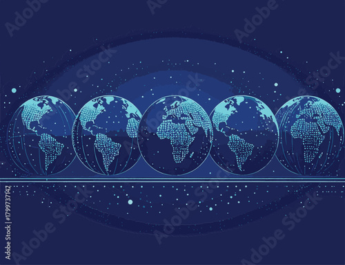 Digital visualization of interconnected Earth globes, illustrating global communication, data networks, and technological advancement on a deep blue, starlit background