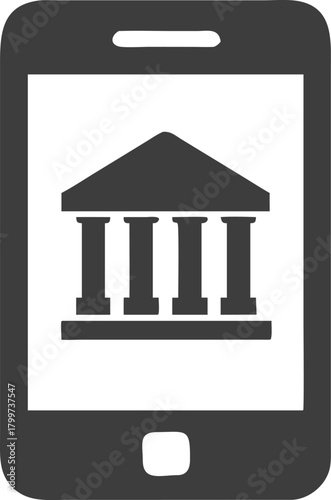 Smartphone displays a bank or governmental building with ionic columns against a white backdrop