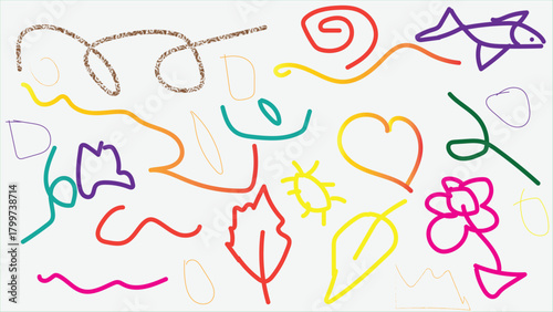 Colorful doodles on a featuring a fish, flower, heart, leaf, and other abstract shapes