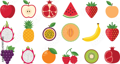 Large Collection of Colorful Flat Design Fruit Icons Set, Including Tropical and Common Fruits like Apple, Pomegranate, Banana, and Dragon Fruit Vector