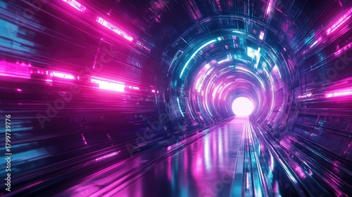 Fototapeta Naklejka Na Ścianę i Meble -  Futuristic neon light tunnel displaying cyberpunk technology speed