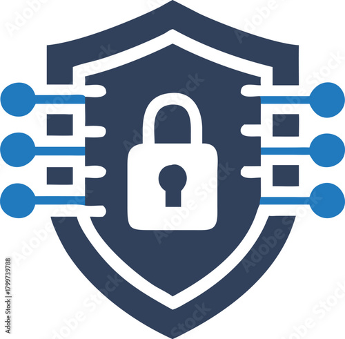 White padlock is placed inside blue and white shield with connected blue nodes