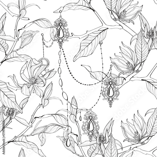 Geometric ethnic oriental pattern of necklace, collar, pendant, earring. Seamless vector pattern with magnolia flowers. Template for scarves, dresses, shirts. Vintage textile collection.