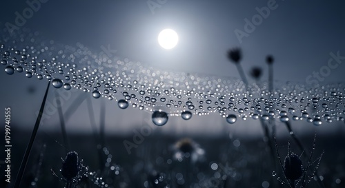 Close-up of dew drops on a spider web with a bright sun in the background during early morning hours