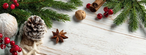 Decorations fill the scene, featuring pine cones, red berries, and aromatic spices, all arranged on a rustic wooden table, capturing the spirit of Christmas celebrations