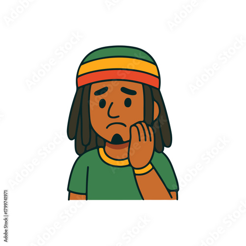Worried man with dreadlocks touching face. Sad reggae man showing concern expression.