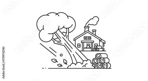 Linear illustration evoking cozy home comforts and nature's unpredictable power together for