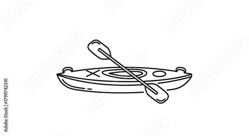 Minimalist line art illustration of a kayak with paddle on white background