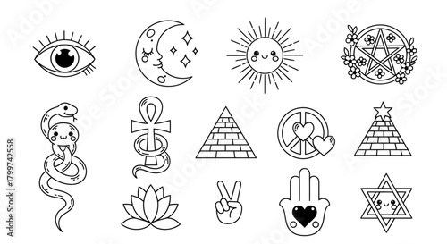 Mystical Line Art Collection Whimsical Esoteric Symbols and Designs for Spiritual Concepts