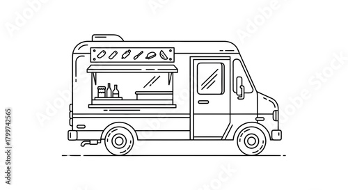 Outlined food truck illustration exhibiting food items and mobile kitchen concept design