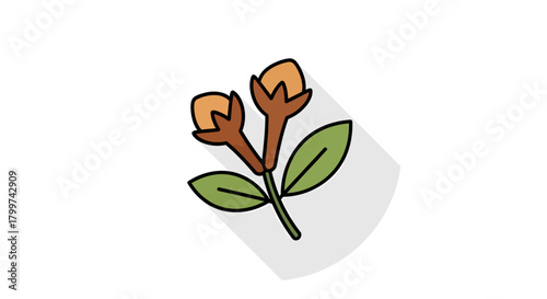 Simple illustration of clove buds with green leaves against a white backdrop