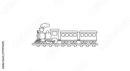 Simple line drawing illustration showcasing a classic steam train with passenger cars on a track