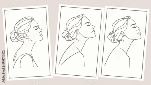 Three Elegant Female Profile Sketches, Minimalist Line Art Portraits