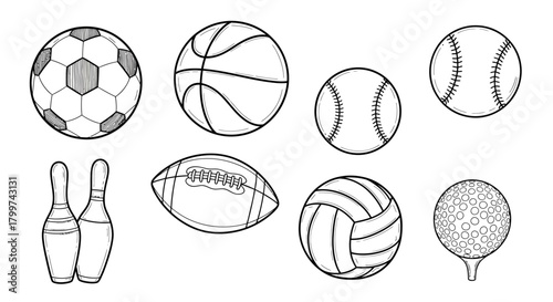 Sketched sports equipment illustration displaying a variety of popular game balls and bowling pins