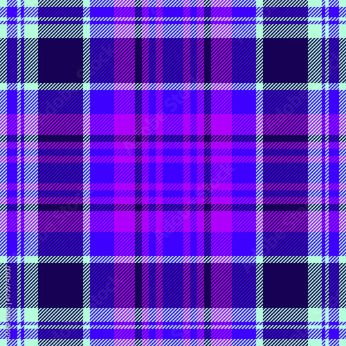 Vibrant plaid pattern featuring striking shades of blue, purple, and teal. Creates a bold and modern fabric texture ideal for backgrounds or designs.