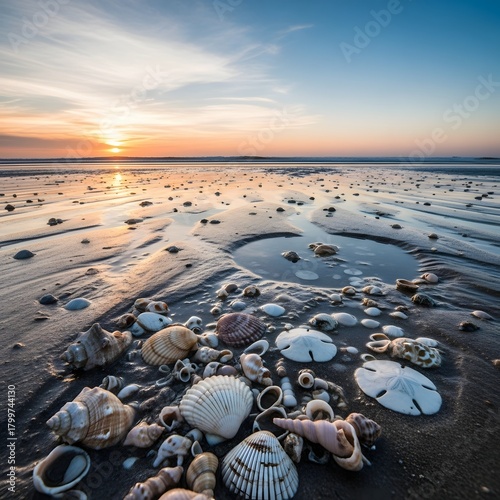 A serene beach scene at sunset featuring a variety of seashells scattered across the wet sand with calm ocean waves in the background and a colorful sky overhead