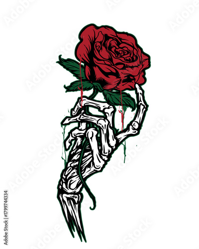 Skeleton hand holding a red rose with green leaves and dripping blood.